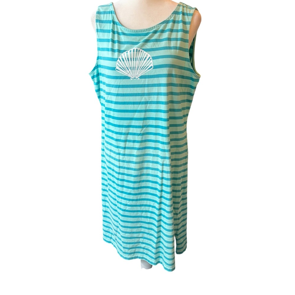 Talbots Womens L Turquoise Striped Seashell Sleeveless Shift Dress Aqua #106
